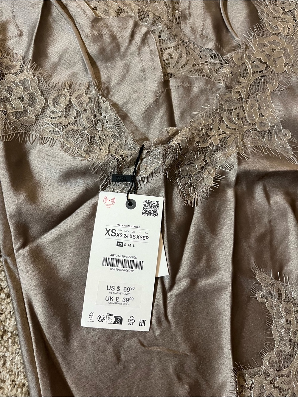 Zara Satin Lace-Trim Cami in Taupe - Picture 9 of 9